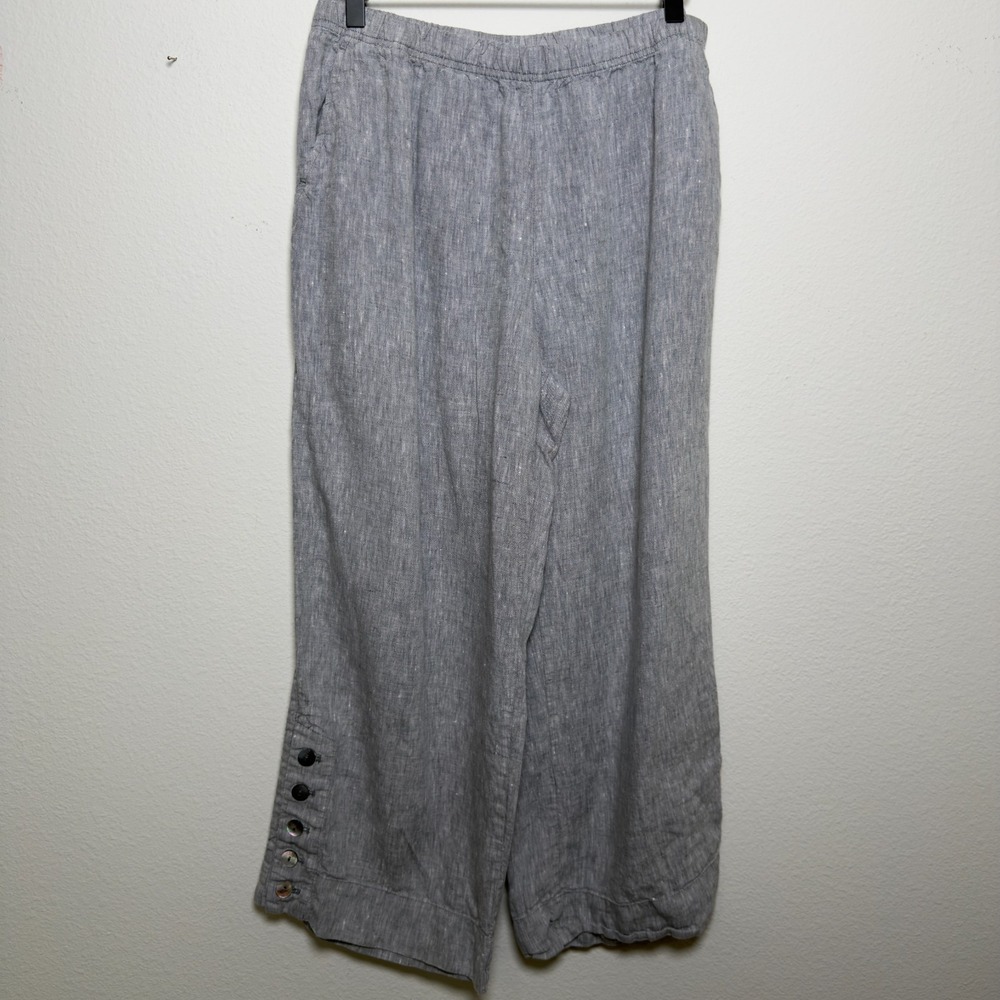 John Mark Women 100% Linen Wide Leg Pants Medium Blue‎ Crop Button Ankle Coastal